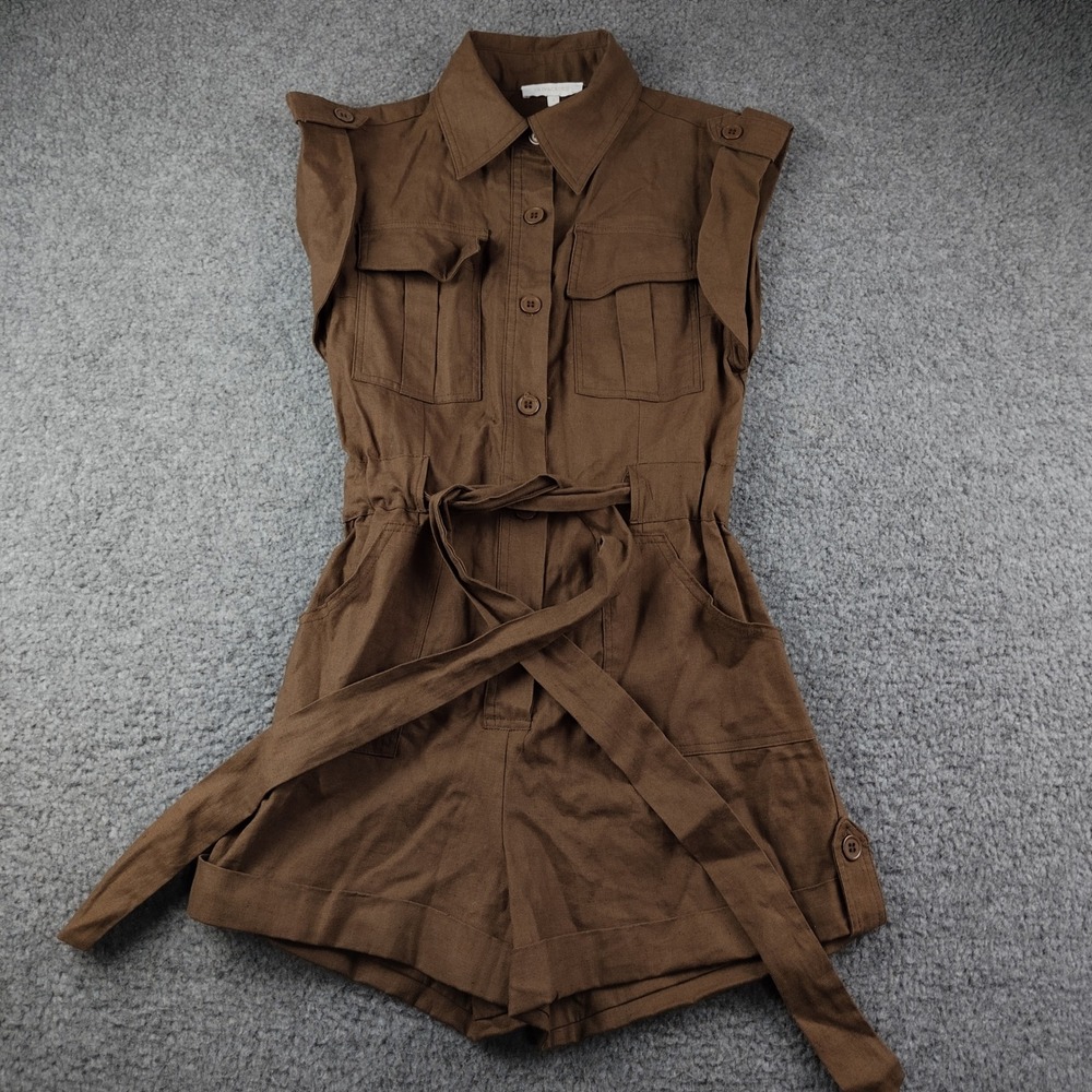 Olivaceous Brown Linen Blend Utility Romper Sz Small Sleeveless Button Front